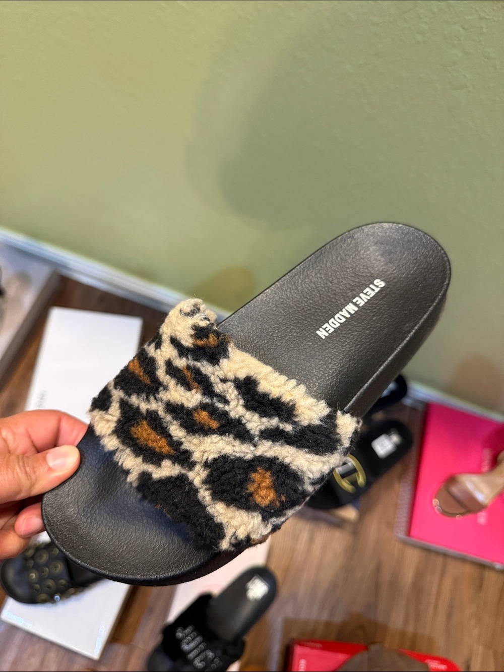 Steve Madden Faux Fur Leopard Slide - Black, Tan & Brown